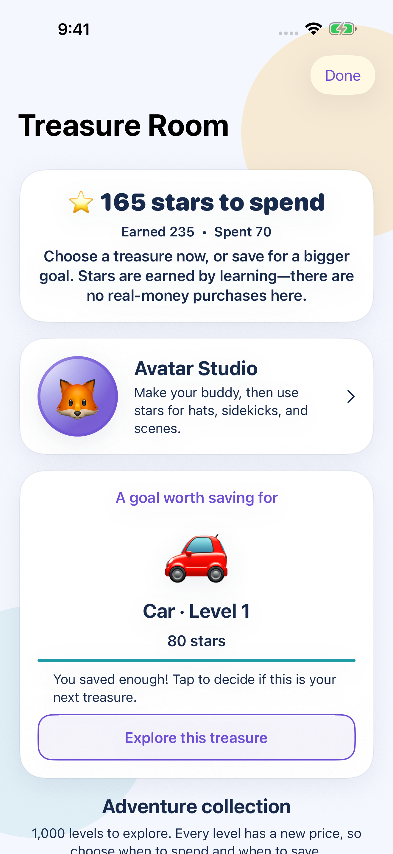 The iPhone app displays earned stars and virtual treasures.